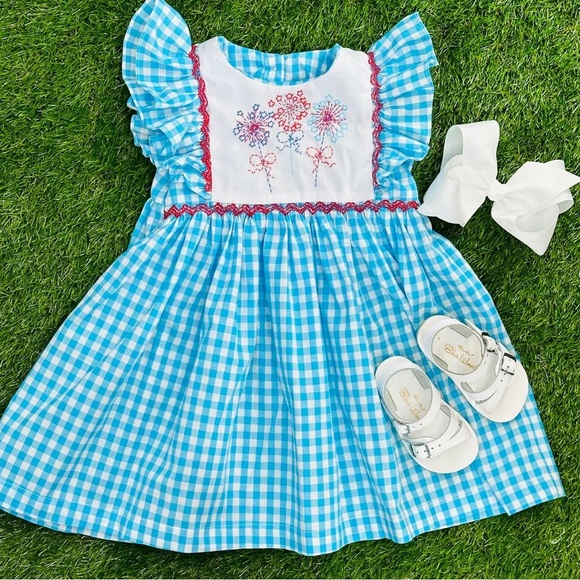 NWT fireworks dress embroidered smocked gingham avignon usa 4th of july toddler - Picture 1 of 6